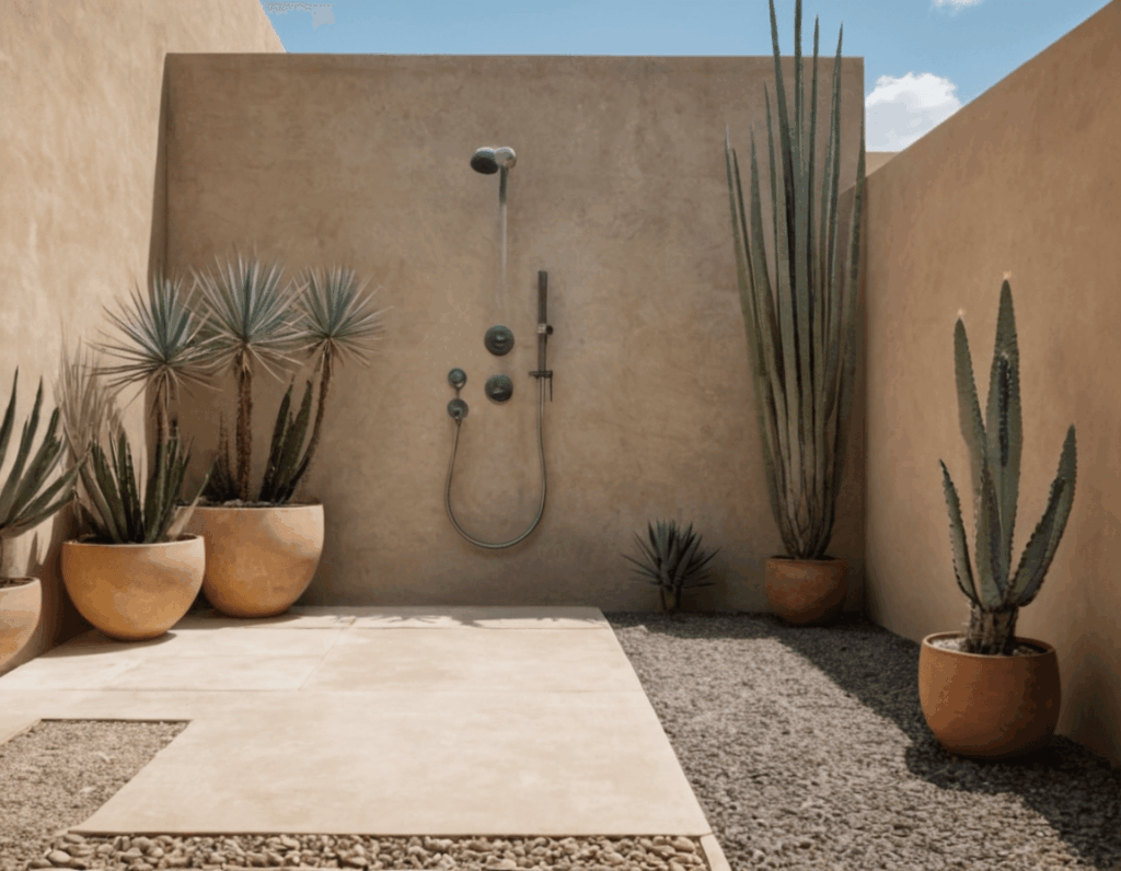 6. Succulents + Yucca: Dry-Loving & Dramatic as good Plant Pairing for outdoor shower
