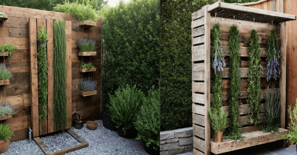 6. Vertical Herb Planters for Scent and Soft Coverage as an Outdoor Shower Privacy Ideas Using Natural Green Screens
