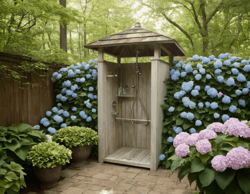 8. Hydrangea + Hostas: Shade-Loving & Elegant as good Plant Pairing for outdoor shower