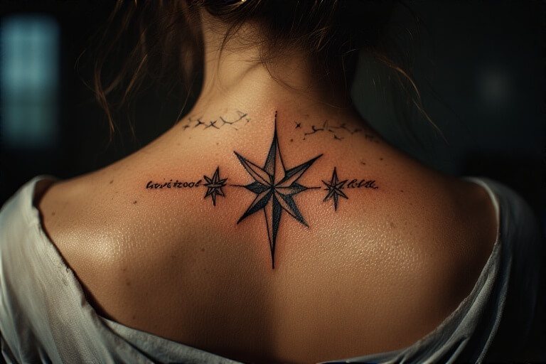 20. Two Stars with Names tattoo behind the back