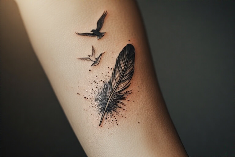 30. Feather with Two Birds Flying tattoo