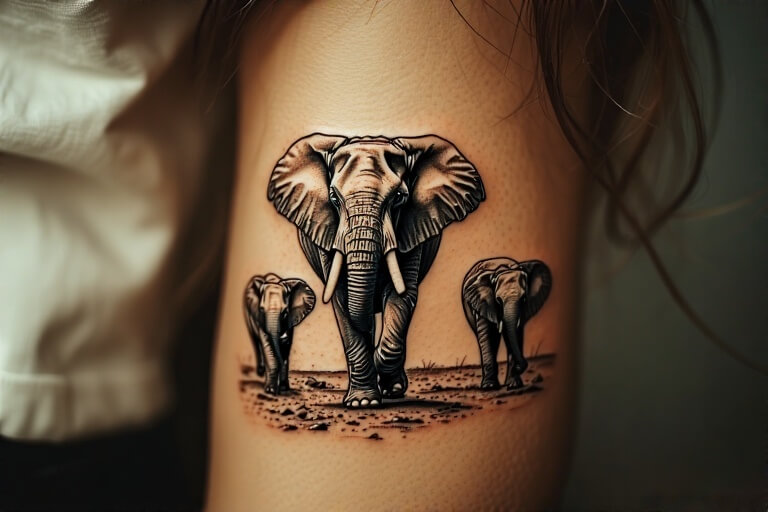 4. Mama Elephant with Two Calves sleeve tattoo for women.